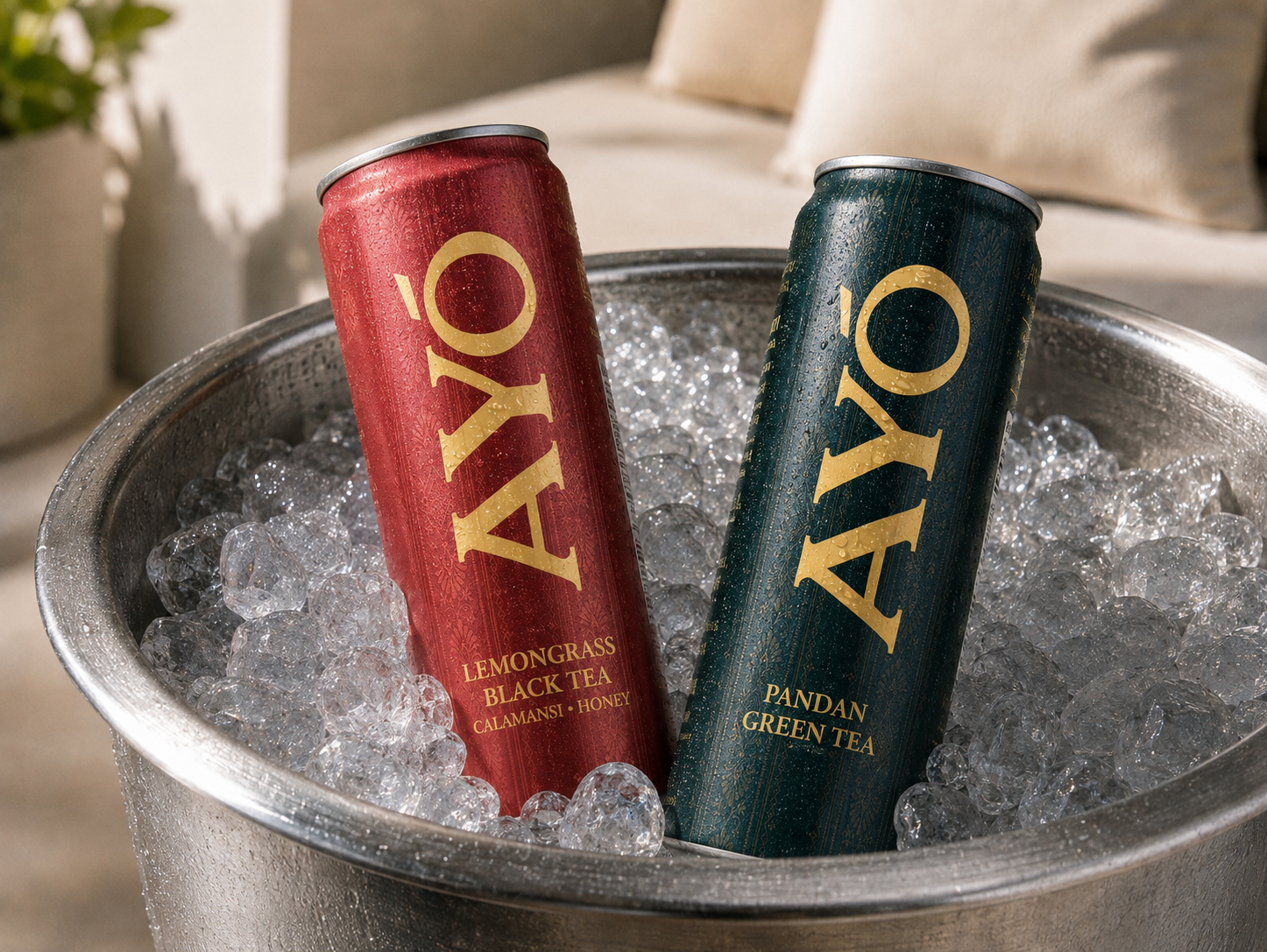 AYÓ cans chilling in a bucket of crushed ice