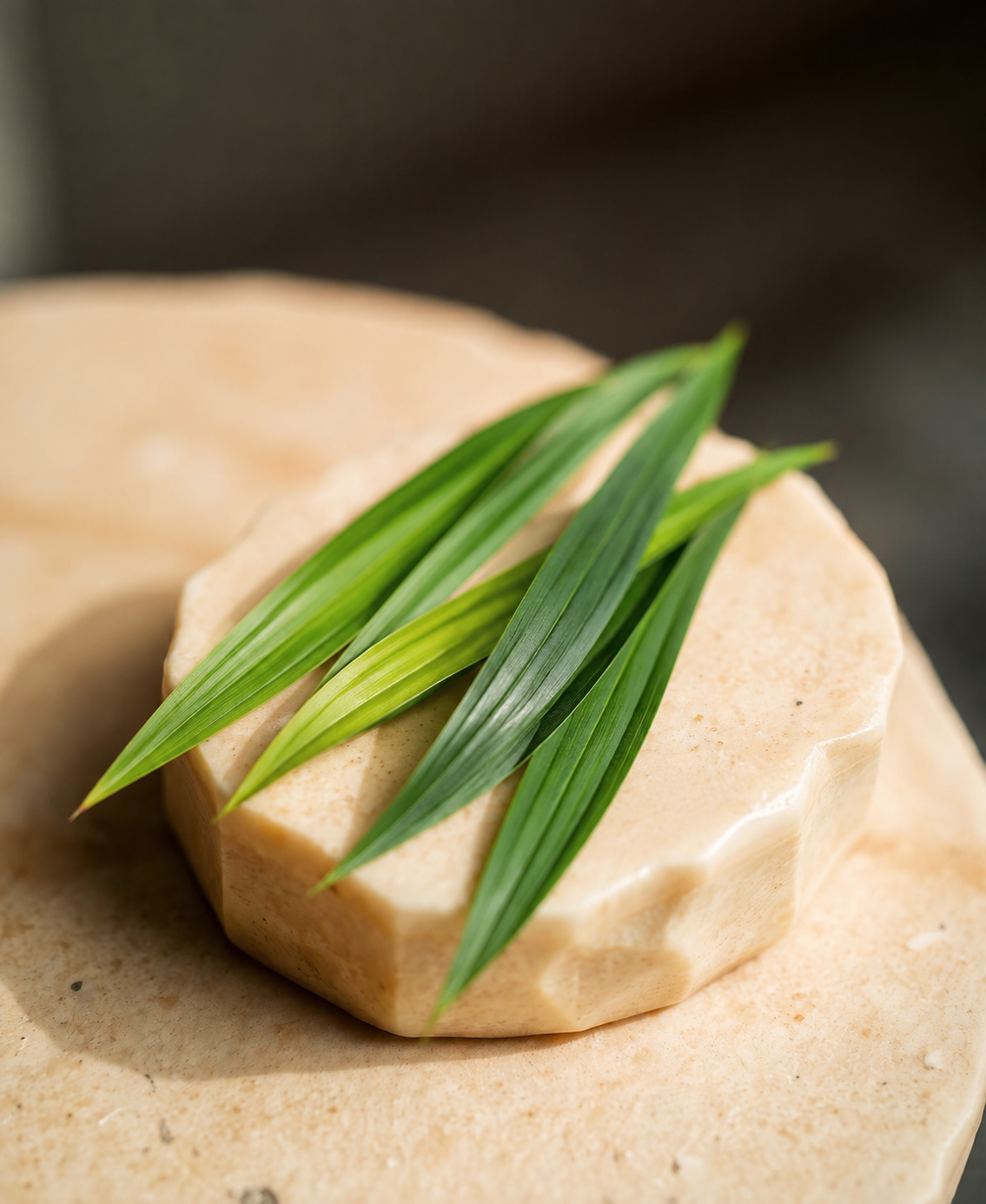 Fresh pandan leaves on a warm cream stone surface