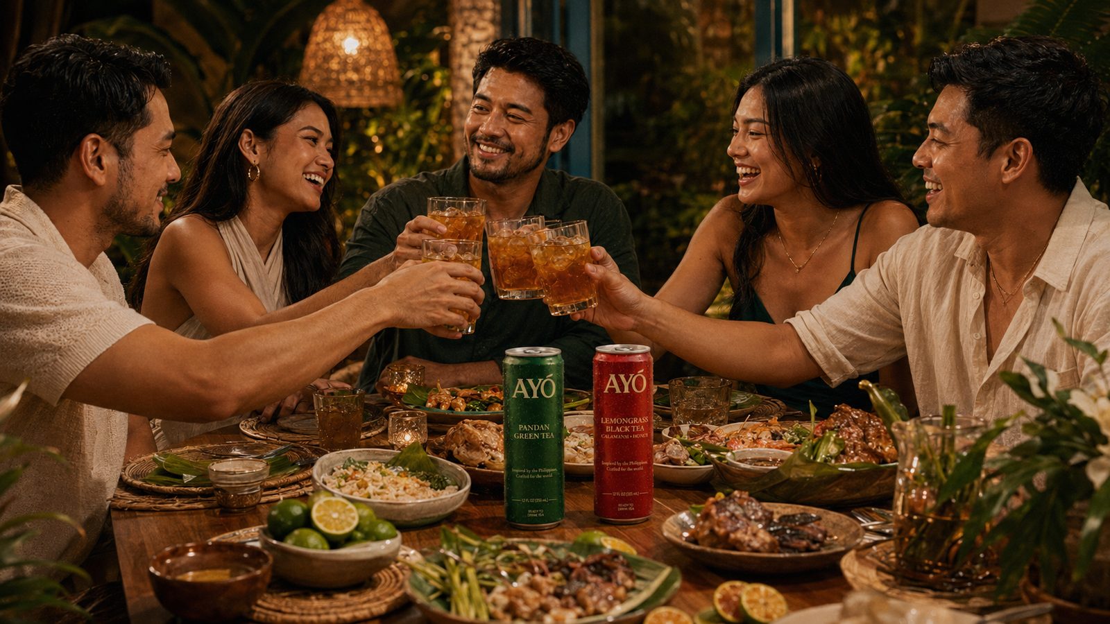 Friends sharing AYÓ over a Filipino feast